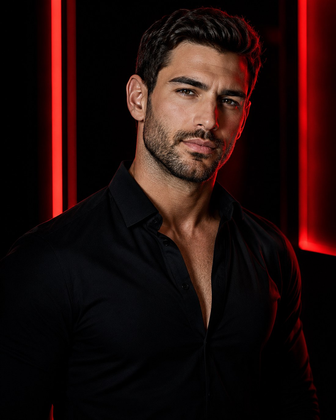 Good looking muscular man with red studio lighting